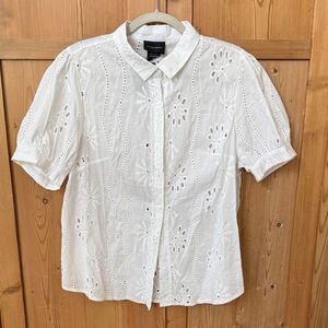 White Eyelet Short-Sleeve Button-Up Blouse